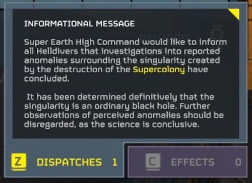 An informational message about the black hole in Helldivers 2.