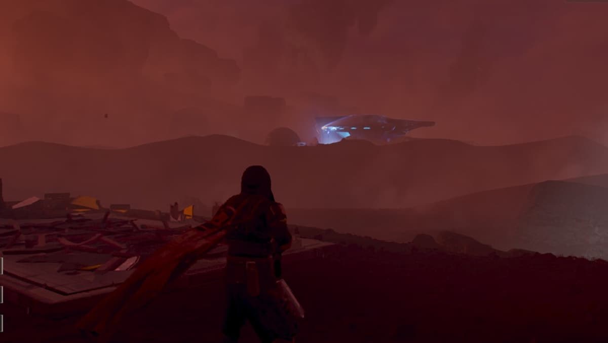 A player looking at the Illuminate light in the distance through the red mist in Helldivers 2.