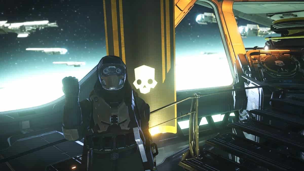 A Helldivers 2 player doing the Super Earth Salute on their ship.