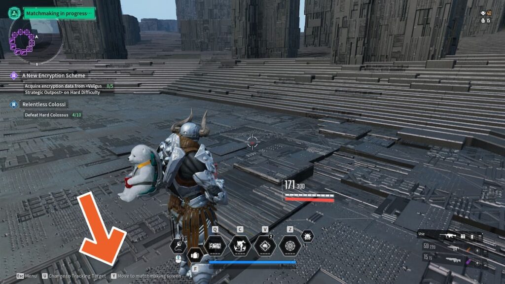 The First Descendant Ajax in a Colossus battle, with an arrow pointing to a Move to Matchmaking Screen button