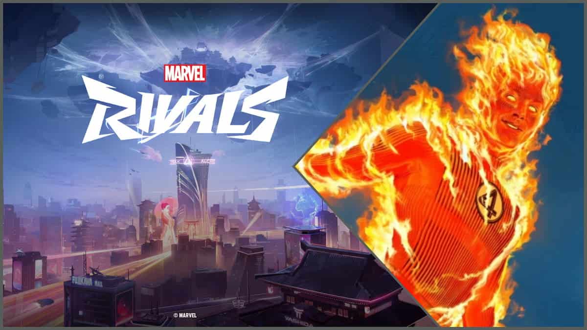 Marvel Rivals city and the game's logo with the image of Human Torch