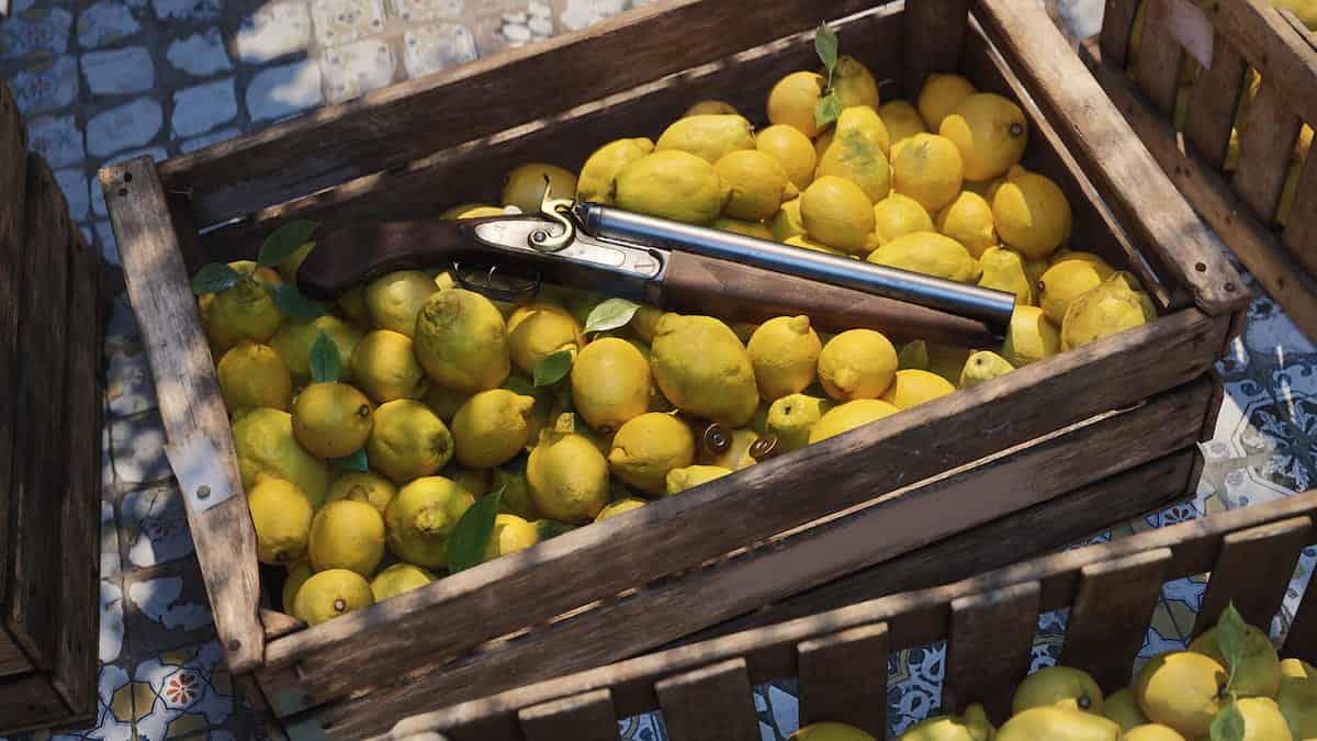 Mafia The Old Country shotgun in a box of lemons