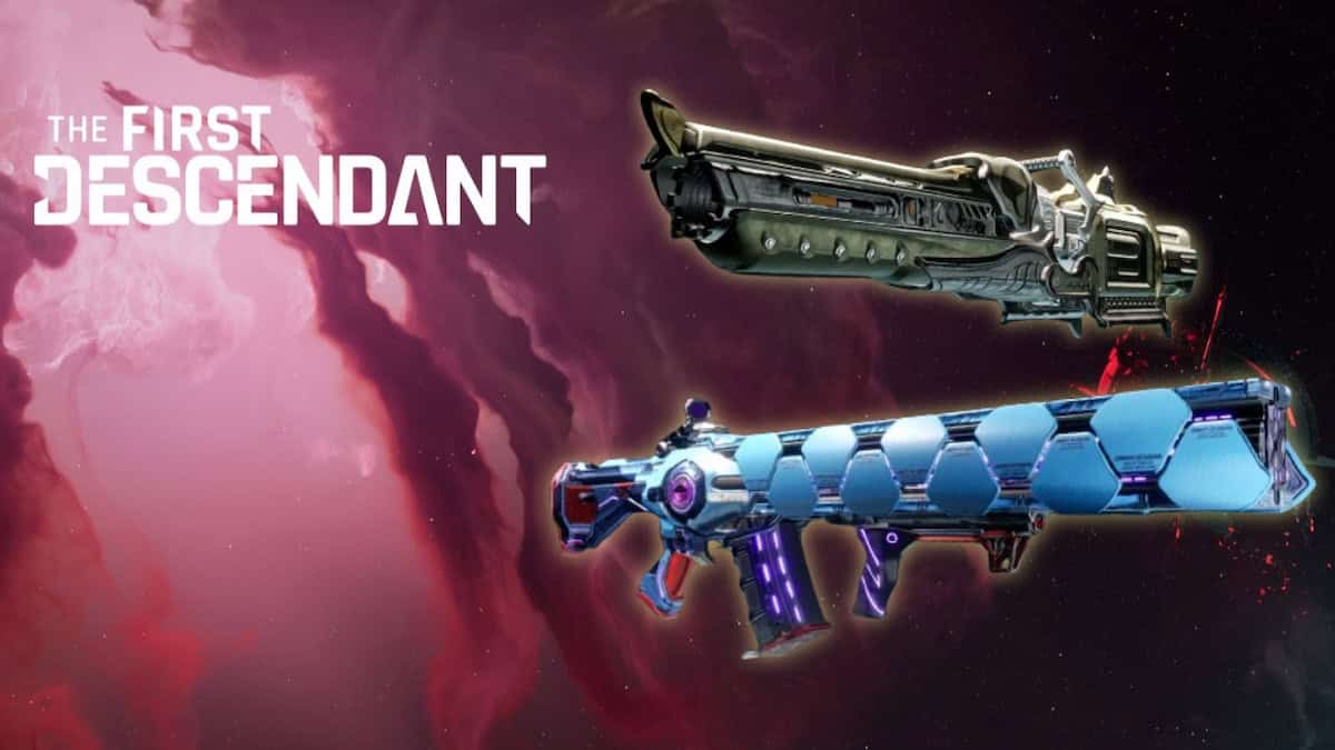 The First Descendant title screen with battle pass ultimate weapons: Excava and Sigvore's Proof