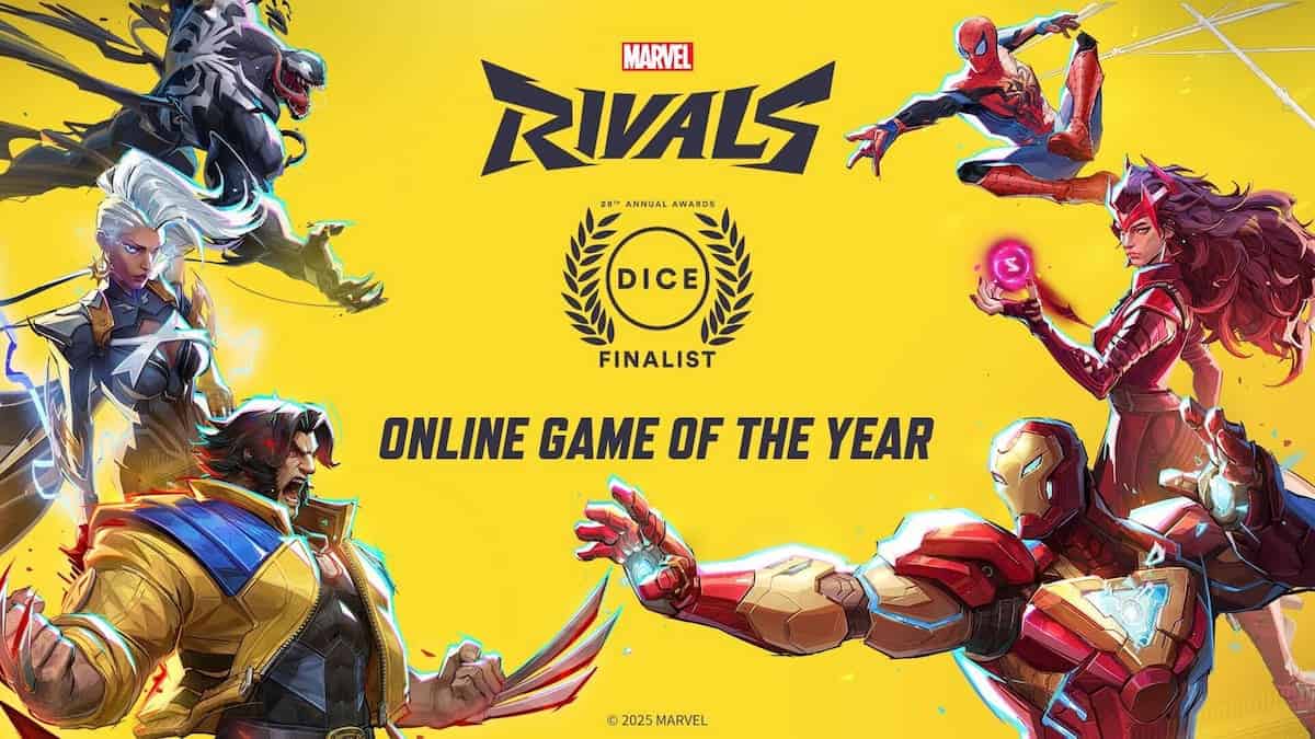 Marvel Rivals Venom, Storm, Wolverine, Spider-Man, Scarlet Witch and Iron man with game's logo, Dice Awards, and Online Game of the Year