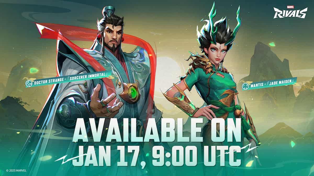 Marvel Rivals annoucement iamge fo the two new skins Doctor Strange Sorcerer Immortal and Mantis Jade Maiden