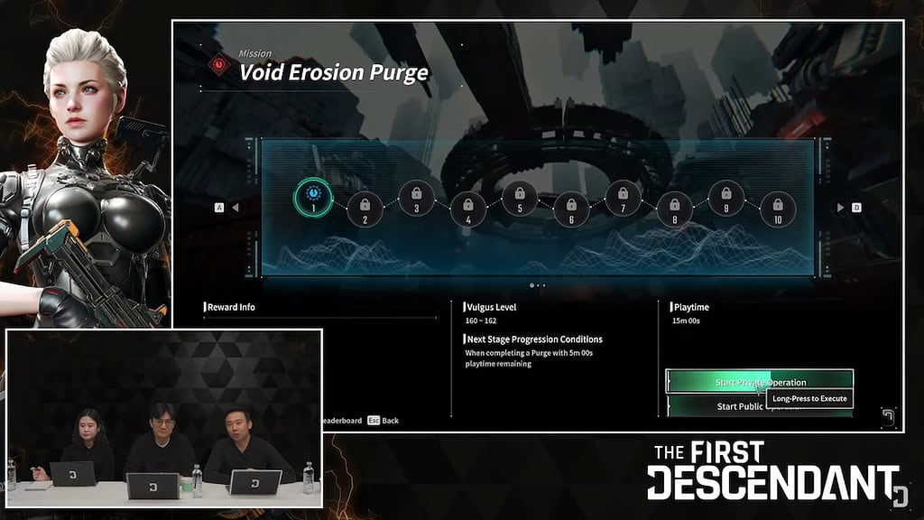 The First Descendant screenshot of the dev livestream showin the stages of Void Erosion missions