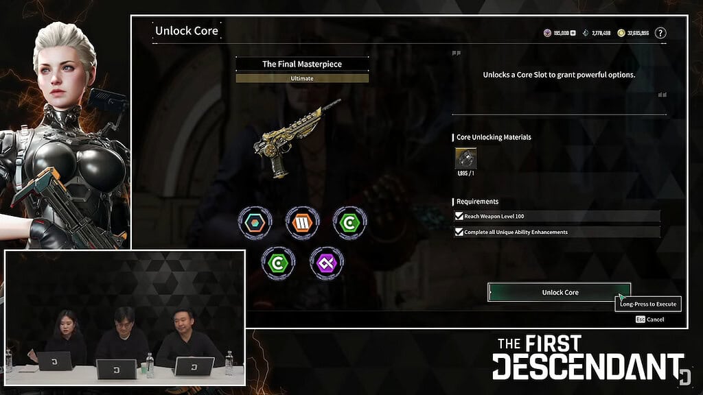 The First Descendant screenshot of the dev livestream showin the main Weapon Core Enhancement screen