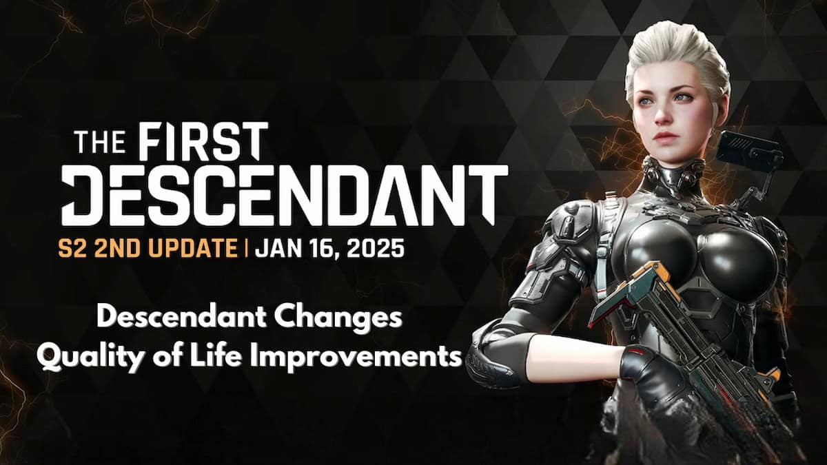 The First Descendant image of Ines Raya and the game's logo with S2 second update and Descendant Changes and Quality of Life Improvements written