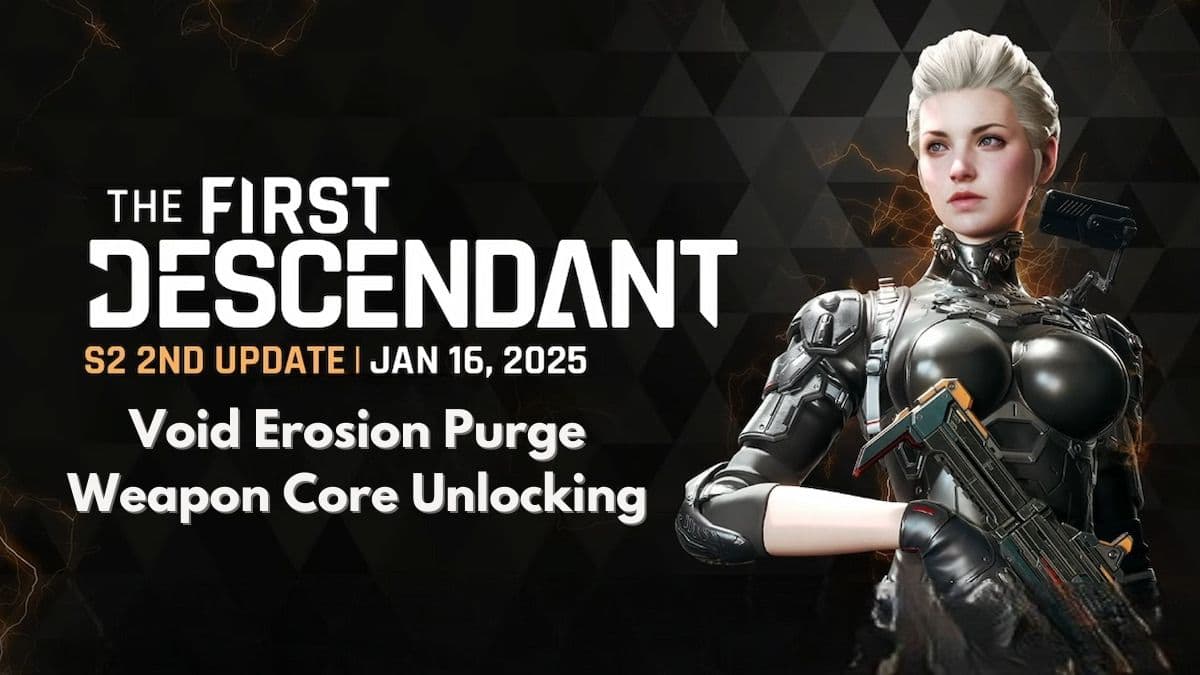 The First Descendant image of Ines Raya and the game's logo with S2 second update and Void Erosion Purge and Weapon Core Unlocking