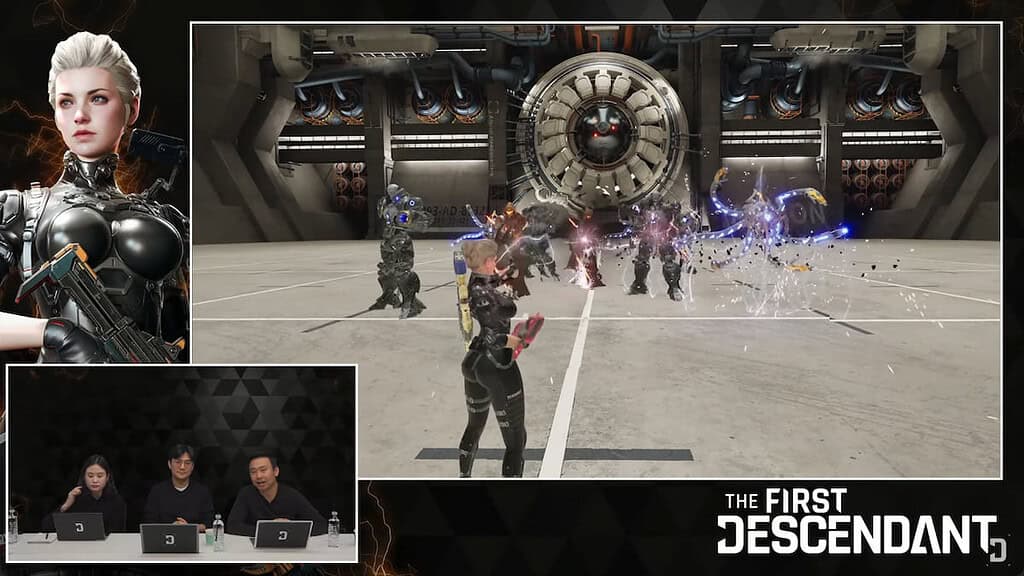 The First Descendant screenshot of the dev livestream showing Ines Raya using her Chain Lightning skill