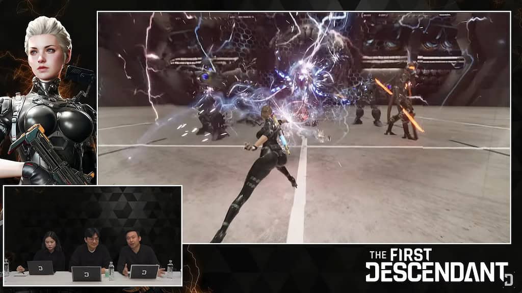 The First Descendant screenshot of the dev livestream showing Ines Raya using her Discharge skill