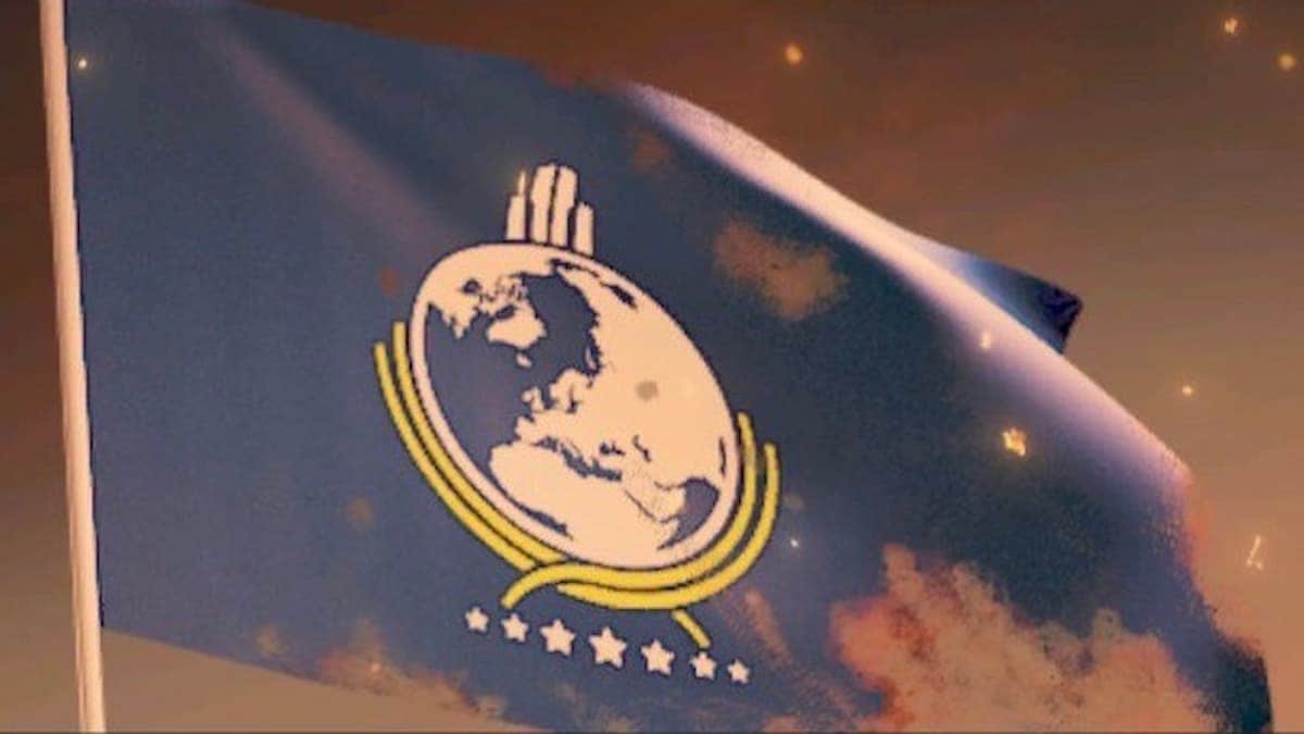 A burning flag of Super Earth in Helldivers 2.