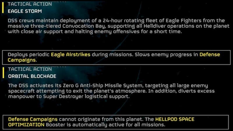 Tactical Actions available in the DSS in Helldivers 2.