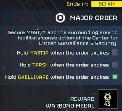 Major Order has the Helldivers 2 players hold three planets for the construction of Center for Citizen Surveillance and Security.