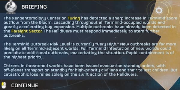 The briefing about the Major Order and the Terminid outbreak in Helldivers 2.