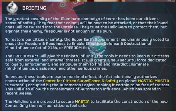 The Major Order briefing explains the necessity for the Center for Citizen Surveillance & Safety.