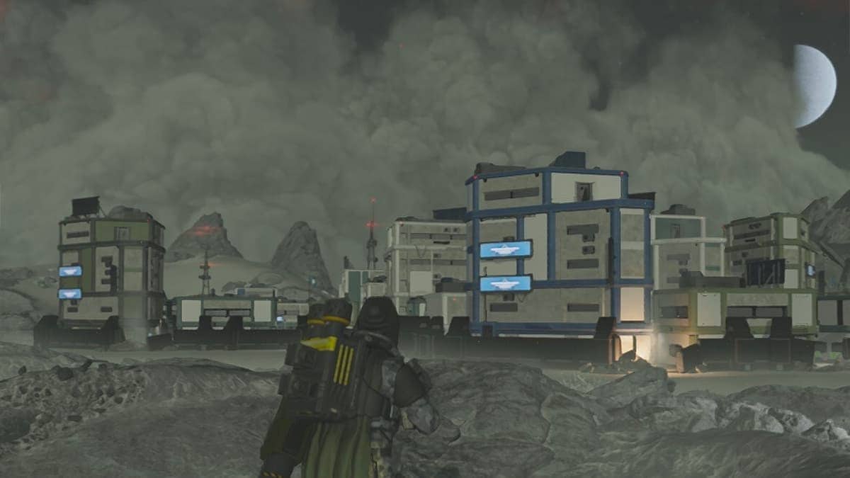 Helldivers 2 player looking at some buildings.