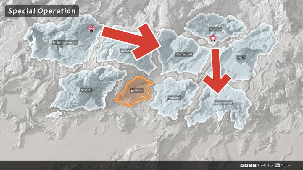 The First Descendant map of Ingris with red arrows