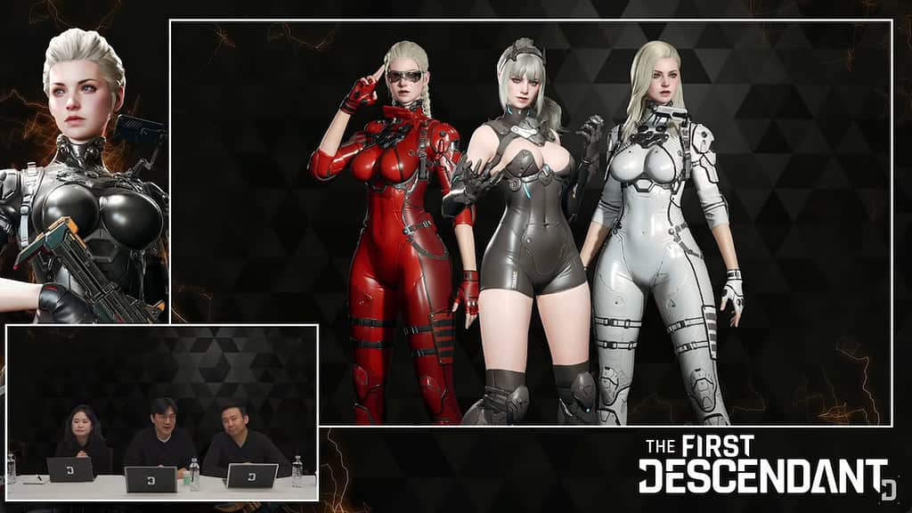 The First Descendant screenshot of the dev livestream showing three Ines Raya skins, one red, one black, one white