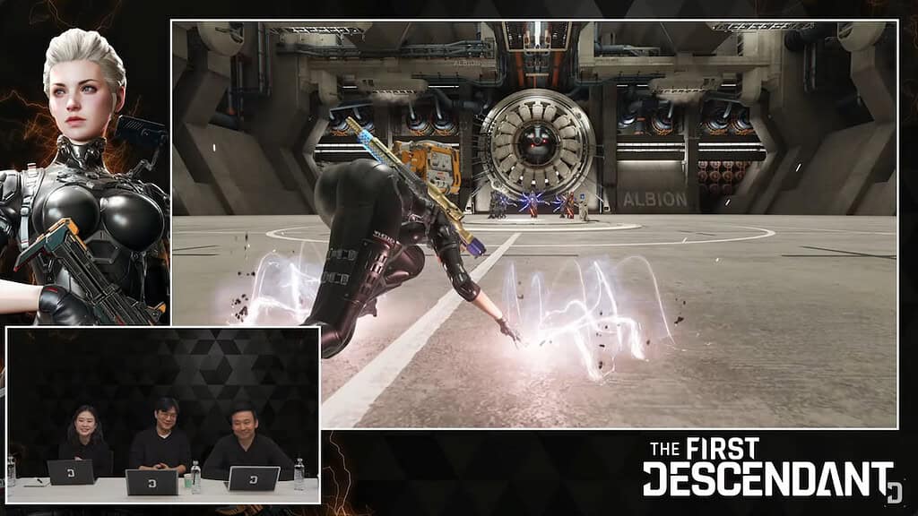 The First Descendant screenshot of the dev livestream showing Ines Raya charging her Dash Forward skill