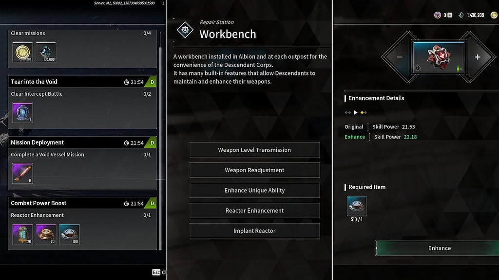 The First Descendant a new Daily Mission, Workbench options, and Enhance Reactor option.