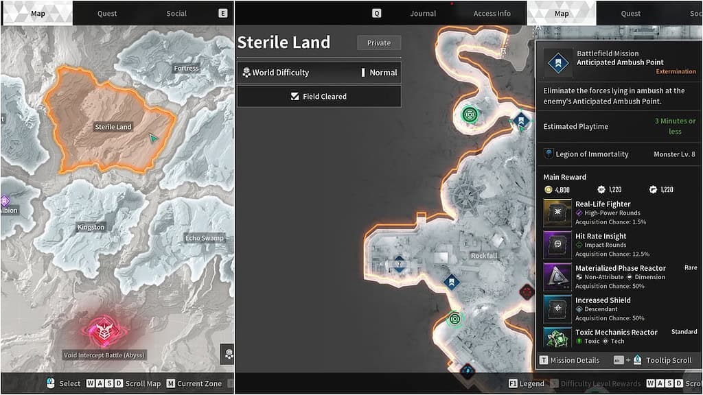 The First Descendant world map showing Sterile Land and the Rockfall area