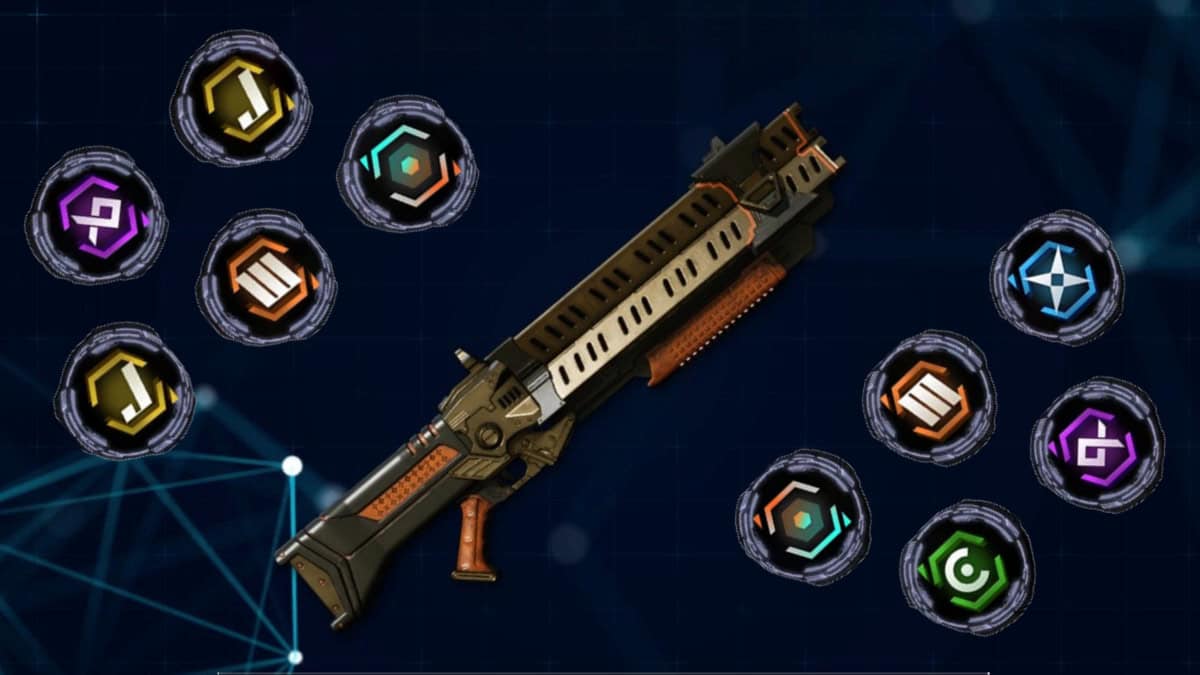 The First Descendant image of the Smithereens Shotgun with Weapon Core slots all arond