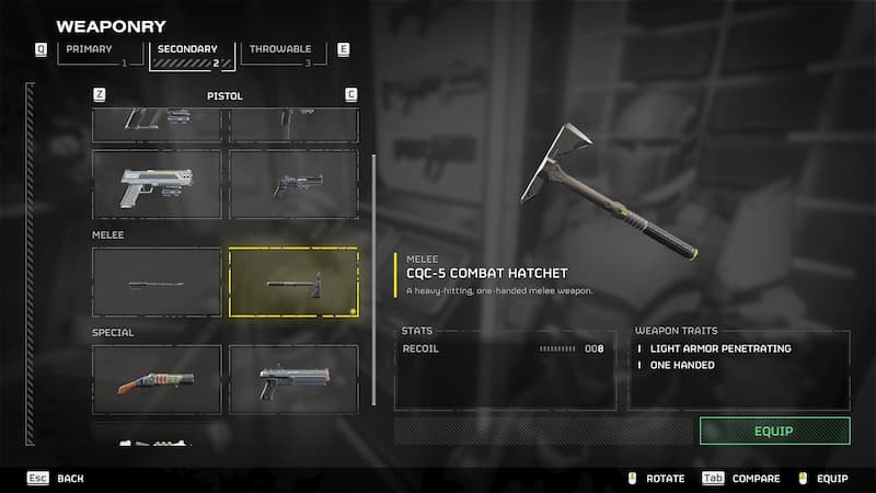 The CQC-5 Combat Hatchet in Armory in Helldivers 2.