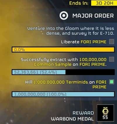 Progres of the Major Order in Helldivers 2.