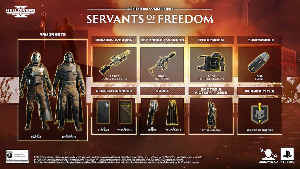 A preview of the Servant of Freedom Warbond in Helldivers 2.