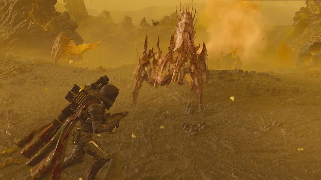 Helldivers 2 player facing Spore Burst bugs on Fori Prime.