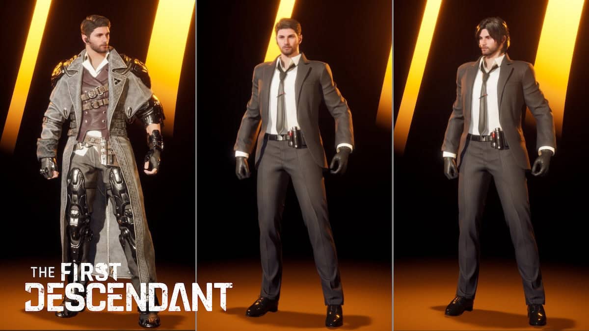 The First Descendant three images of Blair wearing parts of the Secret Service skin.