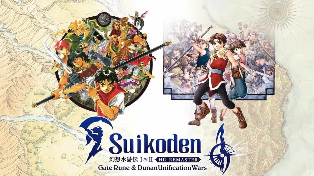 Suikoden I and II remaster promo image, showing protagonists of both games, with other characters