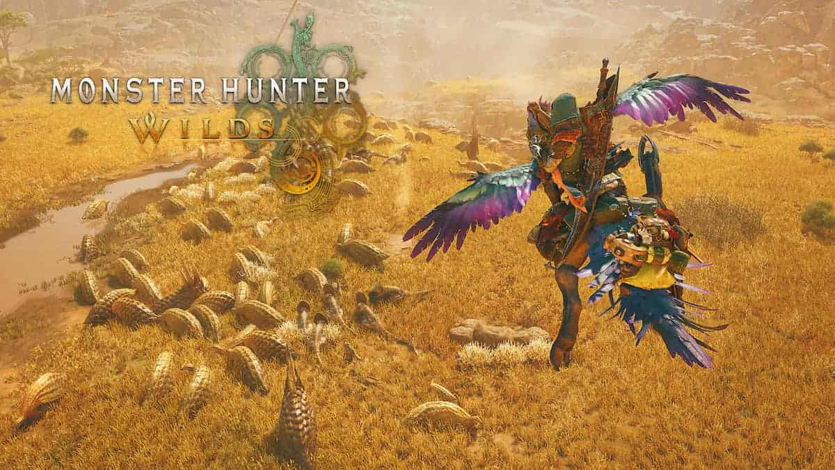 Monster Hunter Wilds character on a flying animal, looking at a herd