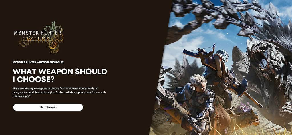 Monster Hunter Wilds screenshot of PlayStation's page, where the weapons quiz is located.