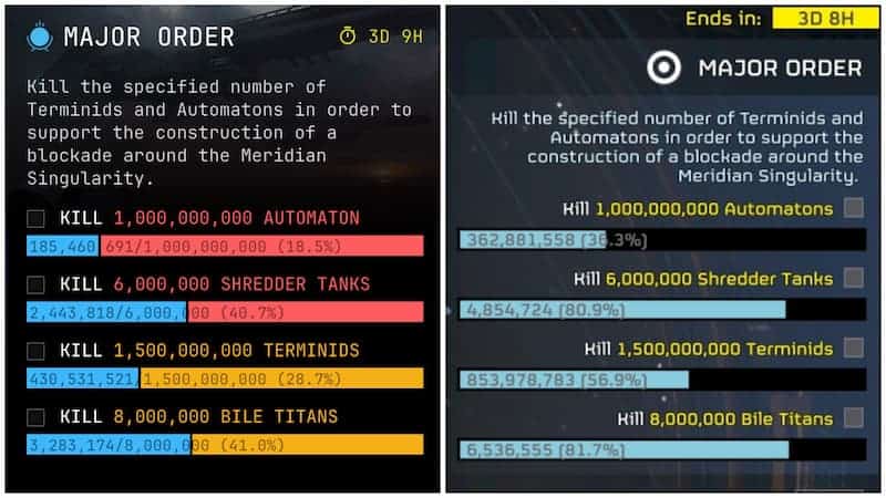 Before and after stats of the previously canceled MO in Helldivers 2.