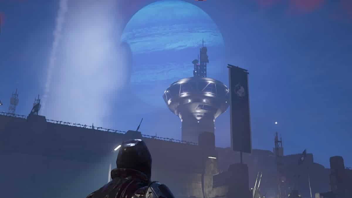 A Helldivers 2 player looking at a moon.