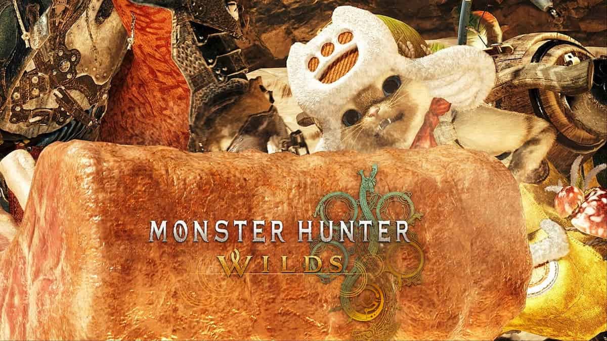 A Palico enjoying som ham in Monster Hunter Wilds.